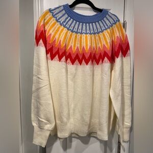 NWT French Connection Colorful Cream Fair Isle Knit Sweater Crew Neck Size XL